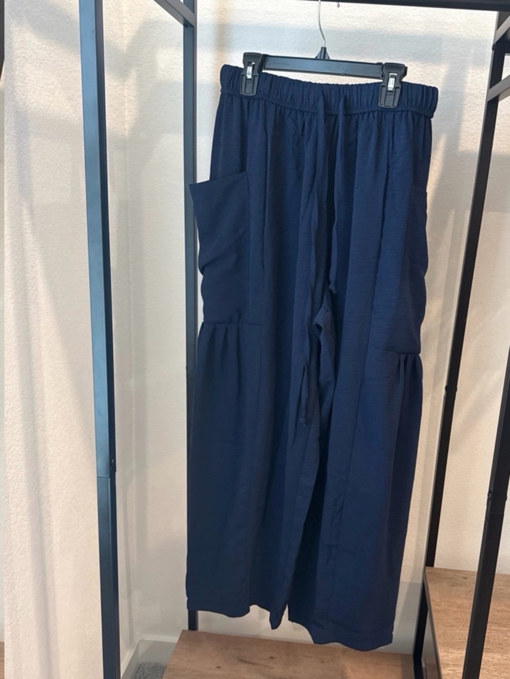 Elastic-Waist Navy Wide-Leg Jumpsuit Pants